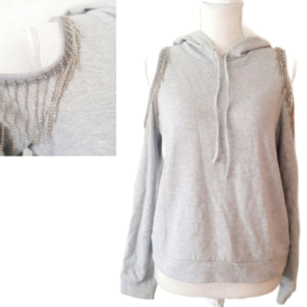 INC International Concepts Gray Cold Shoulder Hoodie Rhinestone Fringe Sz Medium